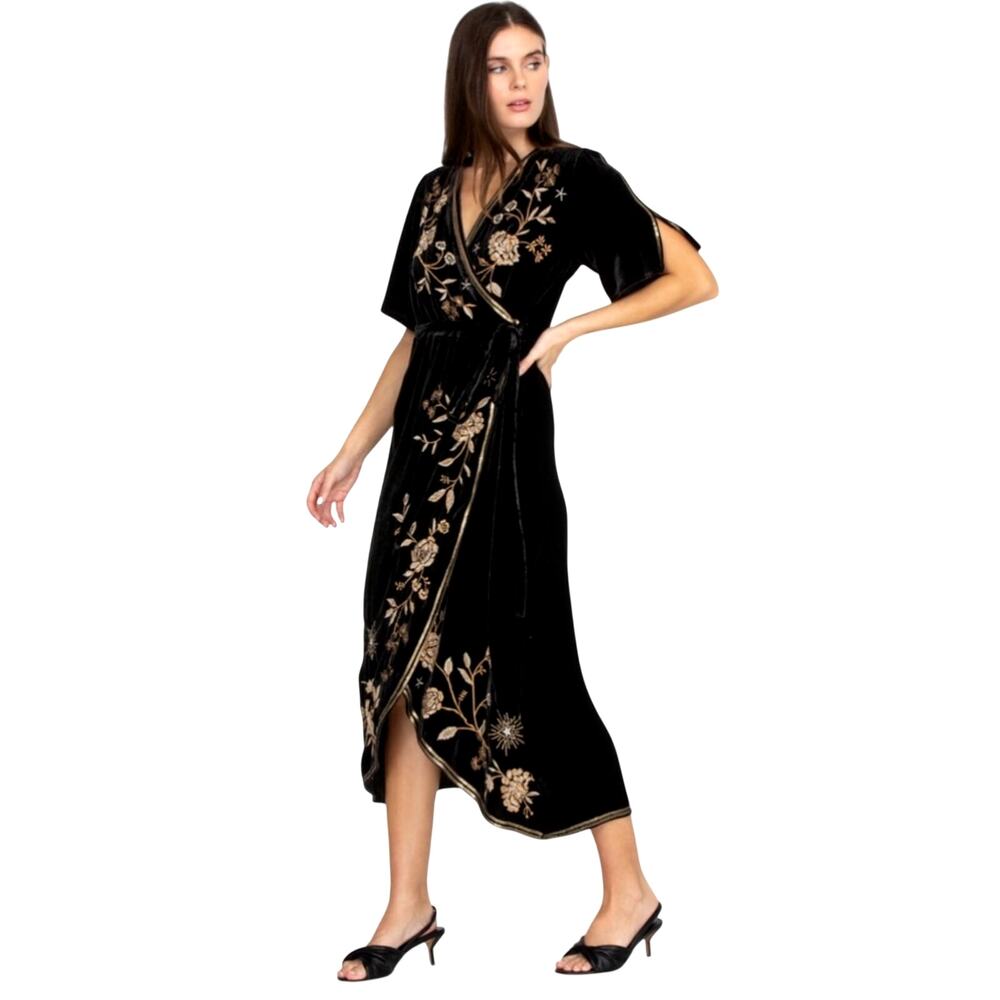 Johnny Was Ally Velvet Wrap Dress Small Black Floral Embroidered Midi Boho NWT